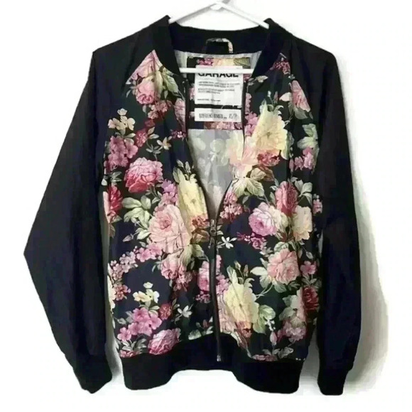 Garage Women’s Pink Black Lightweight Spring Summer Floral Bomber  Jacket XS - Picture 1 of 4